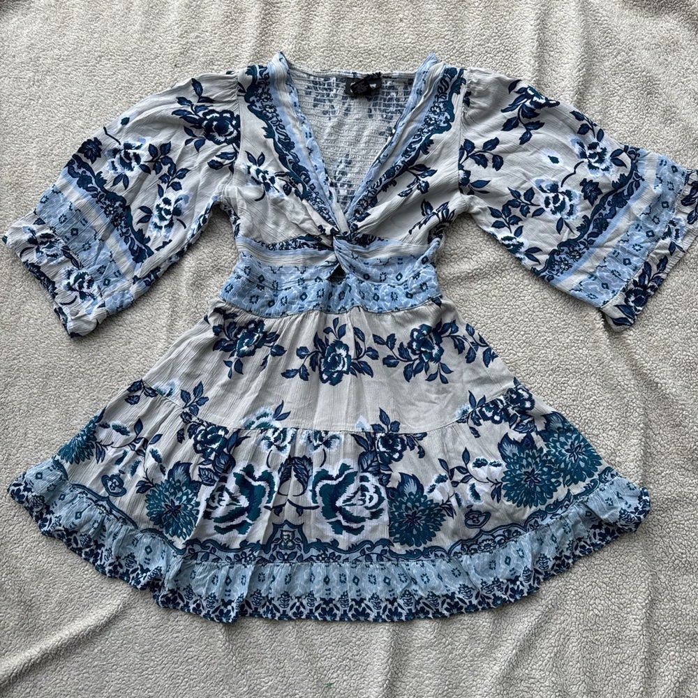 Angie Light Blue Floral Tie-Front Dress